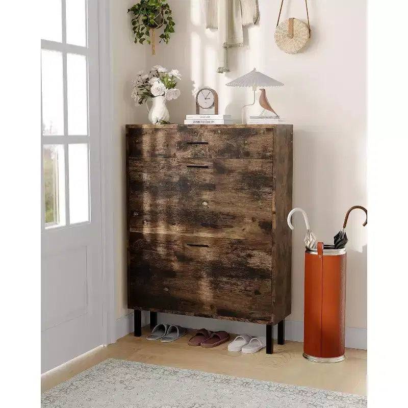 Acekool 3-Tier Shoe Storage Cabinet , Flip Drawer Organizer with Adjustable Shelves for Entryway, Hallway or Bedroom