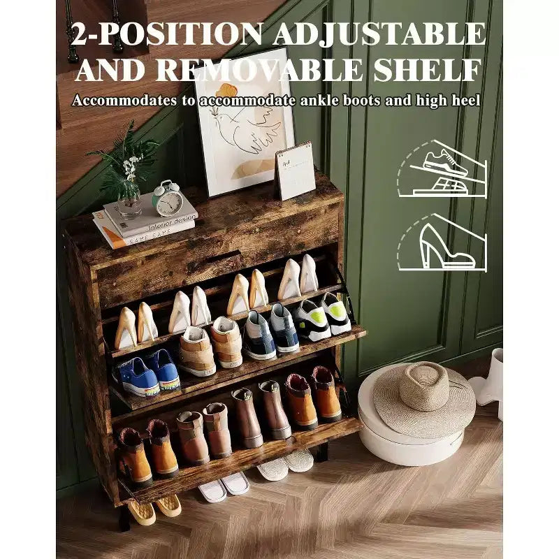 Acekool 3-Tier Shoe Storage Cabinet , Flip Drawer Organizer with Adjustable Shelves for Entryway, Hallway or Bedroom