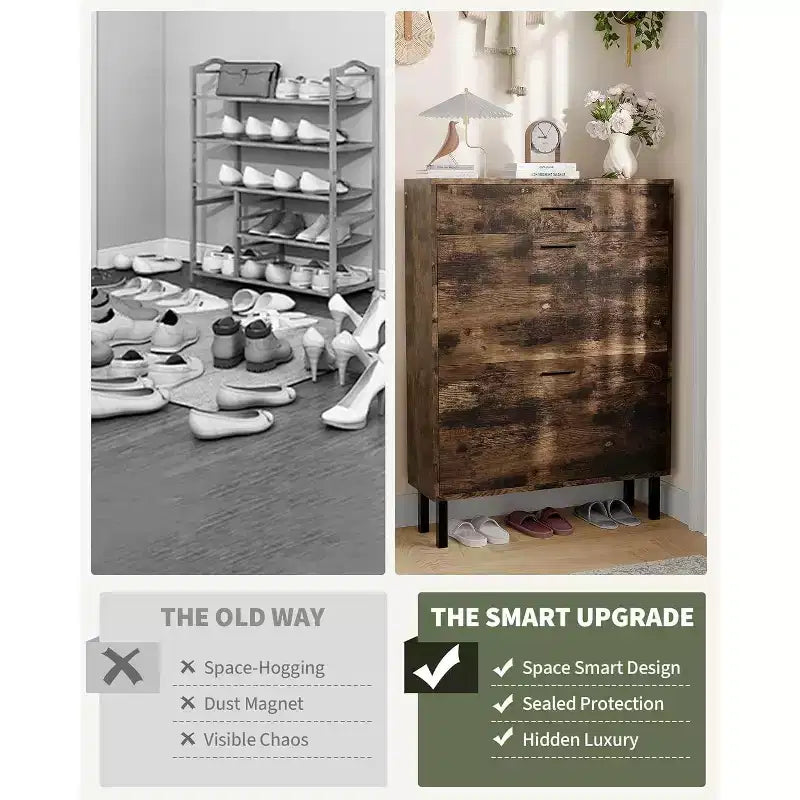 Acekool 3-Tier Shoe Storage Cabinet , Flip Drawer Organizer with Adjustable Shelves for Entryway, Hallway or Bedroom
