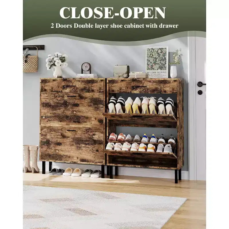 Acekool 3-Tier Shoe Storage Cabinet , Flip Drawer Organizer with Adjustable Shelves for Entryway, Hallway or Bedroom