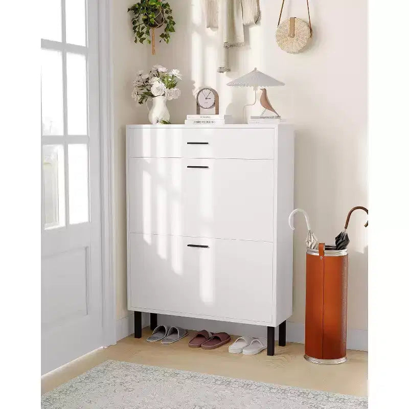 Acekool 3-Tier Shoe Storage Cabinet , Flip Drawer Organizer with Adjustable Shelves for Entryway, Hallway or Bedroom
