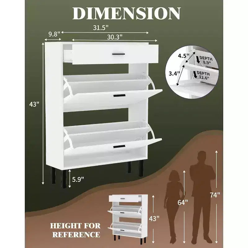 Acekool 3-Tier Shoe Storage Cabinet , Flip Drawer Organizer with Adjustable Shelves for Entryway, Hallway or Bedroom