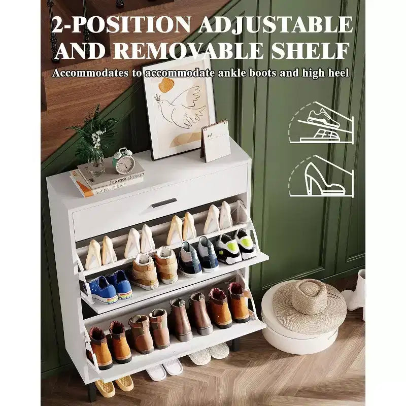 Acekool 3-Tier Shoe Storage Cabinet , Flip Drawer Organizer with Adjustable Shelves for Entryway, Hallway or Bedroom
