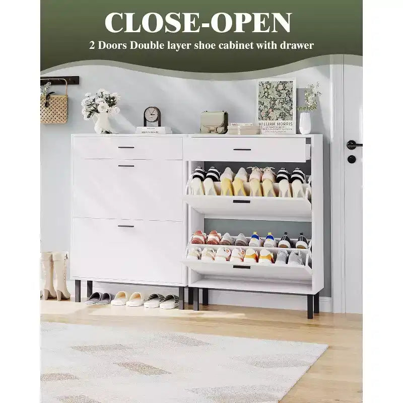 Acekool 3-Tier Shoe Storage Cabinet , Flip Drawer Organizer with Adjustable Shelves for Entryway, Hallway or Bedroom