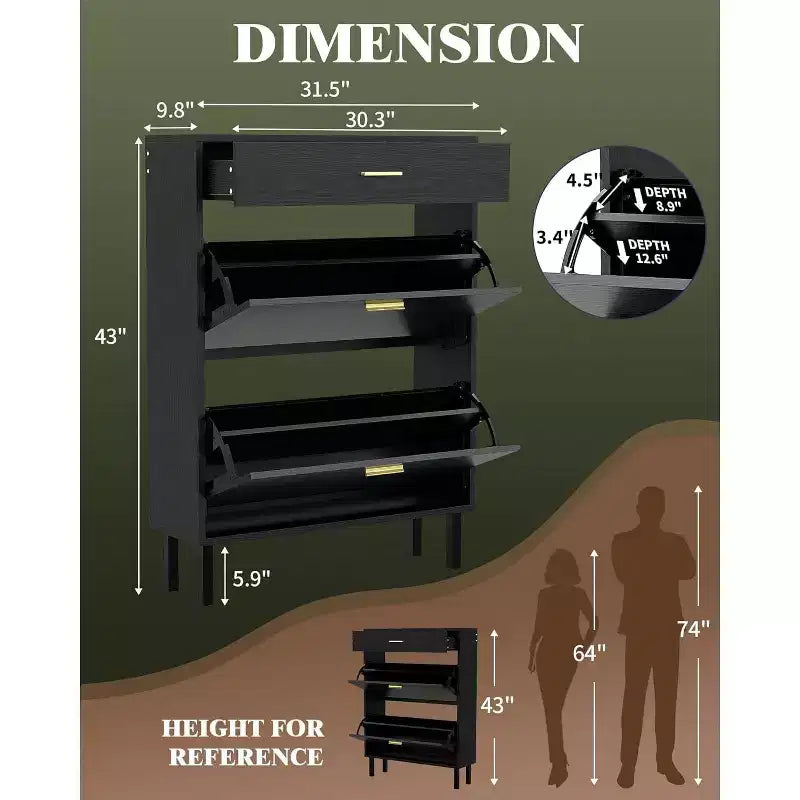 Acekool 3-Tier Shoe Storage Cabinet , Flip Drawer Organizer with Adjustable Shelves for Entryway, Hallway or Bedroom