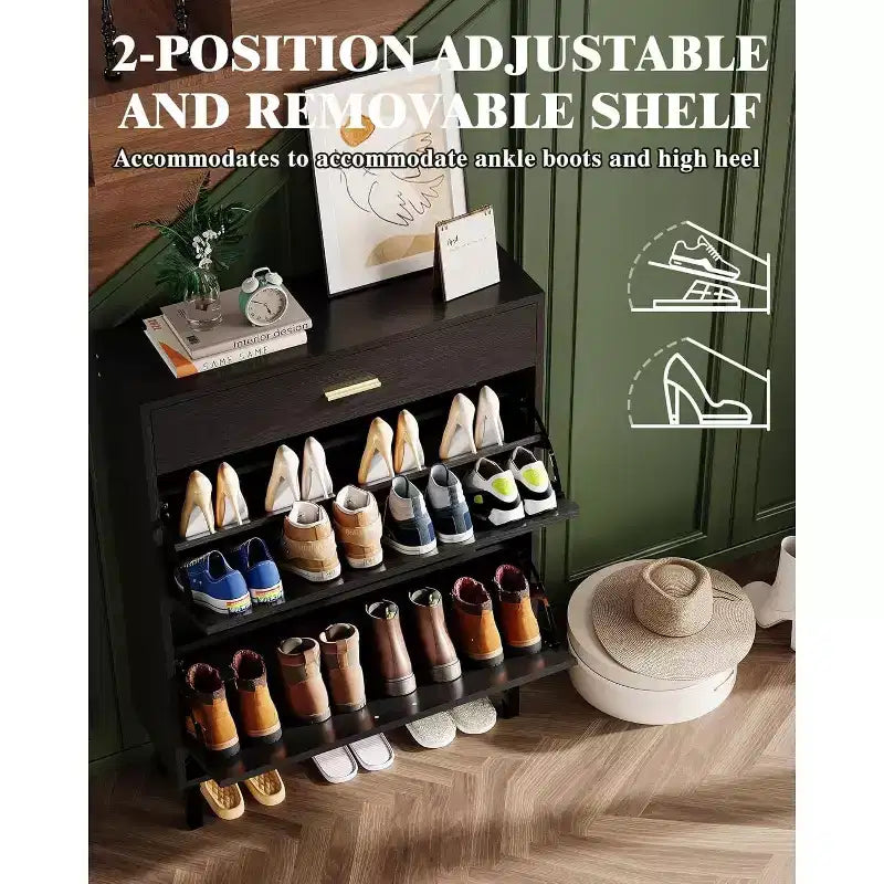 Acekool 3-Tier Shoe Storage Cabinet , Flip Drawer Organizer with Adjustable Shelves for Entryway, Hallway or Bedroom