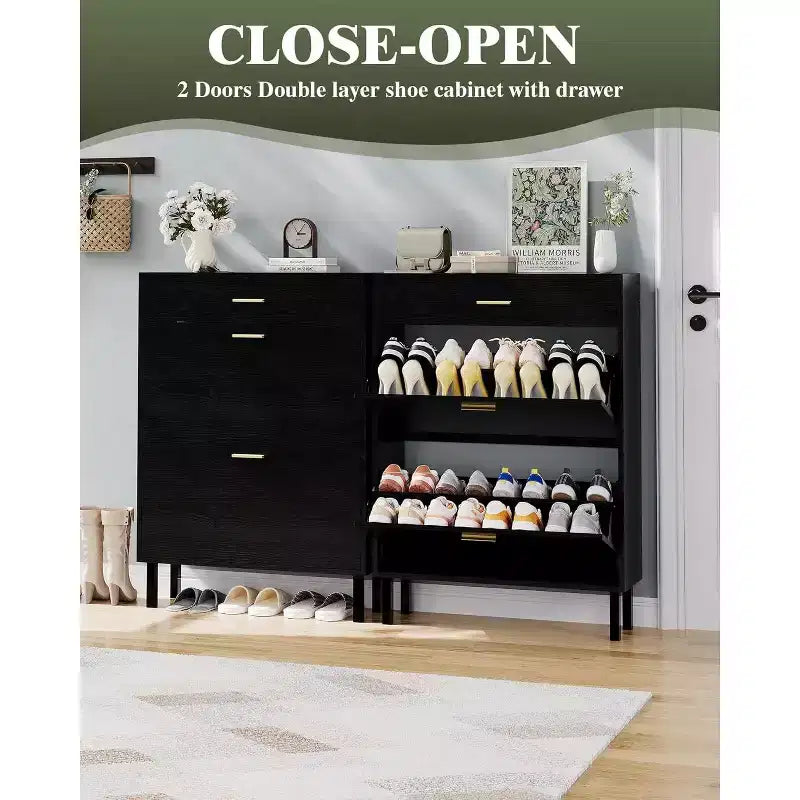 Acekool 3-Tier Shoe Storage Cabinet , Flip Drawer Organizer with Adjustable Shelves for Entryway, Hallway or Bedroom