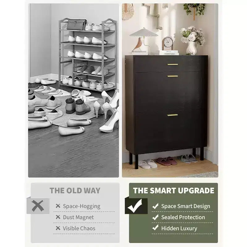 Acekool 3-Tier Shoe Storage Cabinet , Flip Drawer Organizer with Adjustable Shelves for Entryway, Hallway or Bedroom
