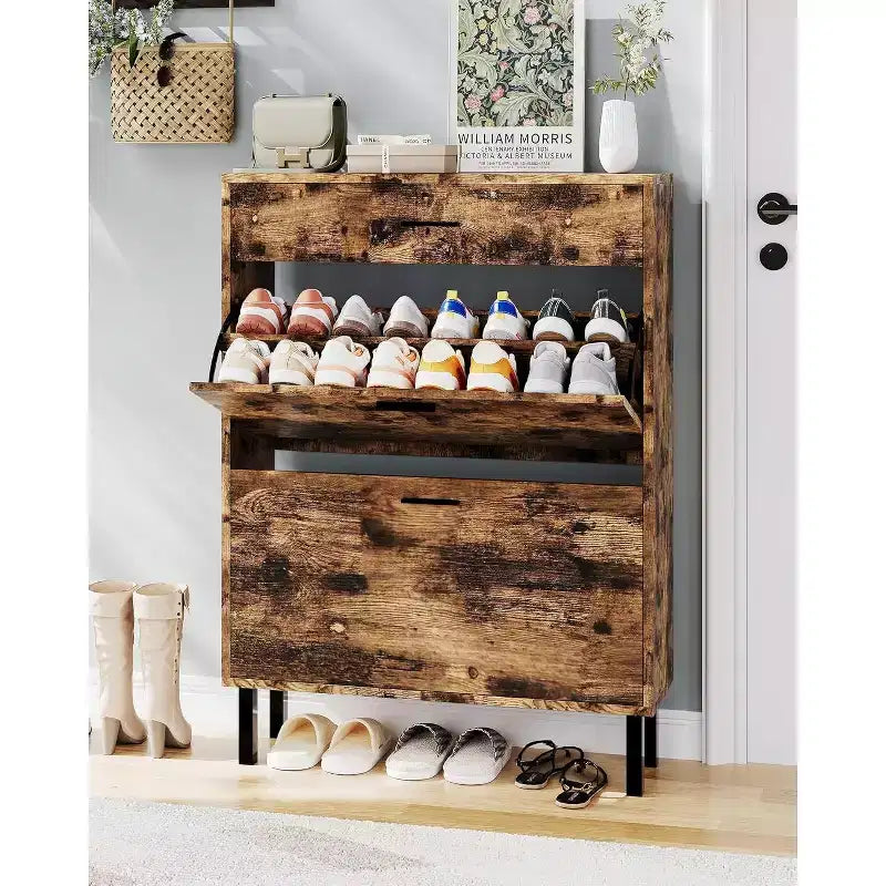 Acekool 3-Tier Shoe Storage Cabinet , Flip Drawer Organizer with Adjustable Shelves for Entryway, Hallway or Bedroom