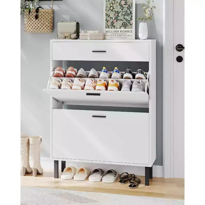 Acekool 3-Tier Shoe Storage Cabinet , Flip Drawer Organizer with Adjustable Shelves for Entryway, Hallway or Bedroom