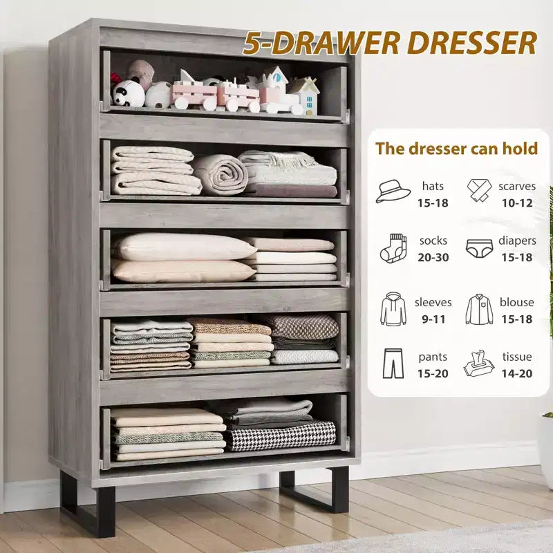 5 Dresser for Bedroom, 50.2 in Tall Dresser, Freestanding Vertical Drawer with Storage, Wooden Closet Chest Storage