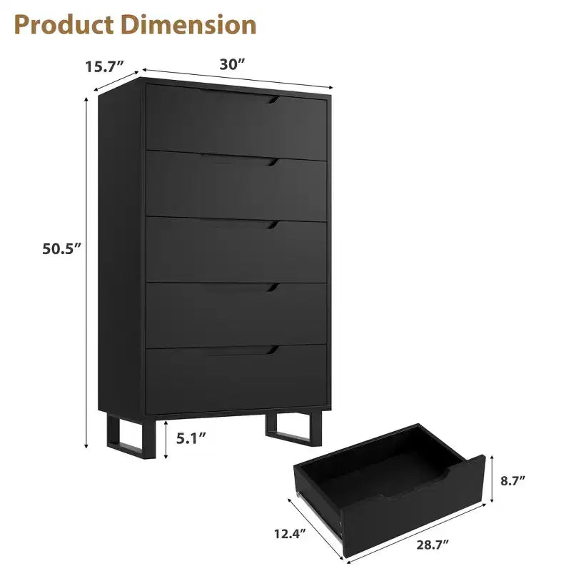5 Dresser for Bedroom, 50.2 in Tall Dresser, Freestanding Vertical Drawer with Storage, Wooden Closet Chest Storage