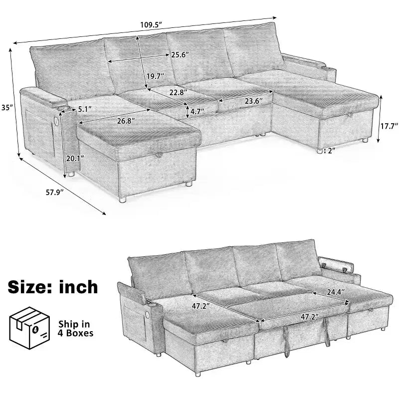 Modular Sectional Sofa Bed with Storage Chaise, U-Shaped Sectional Sleeper Sofa, Modern Cloud Sofa for Living Room or Bedroom-Panipeachy