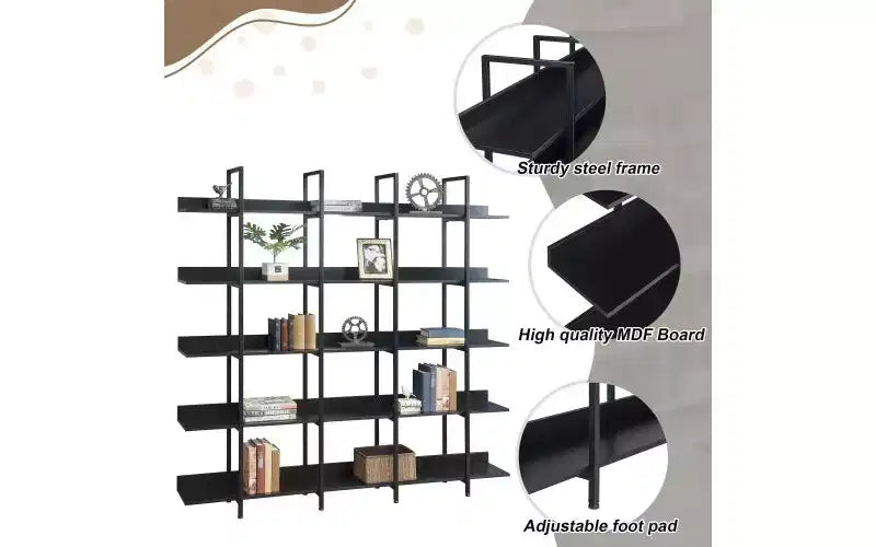 TUYOHW Vintage 5-Tier Dispaly Bookshelves,Large Capacity Open Bookshelf with Anti-falling Device,Metal Frame Bookcases for Living Room,Office