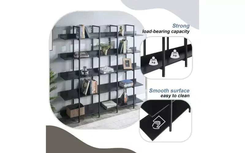 TUYOHW Vintage 5-Tier Dispaly Bookshelves,Large Capacity Open Bookshelf with Anti-falling Device,Metal Frame Bookcases for Living Room,Office