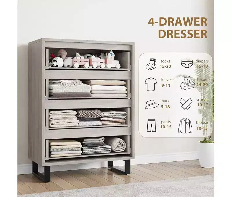 4 Drawer Tall Dresser Vertical Wooden Storage Cabinet with Freestanding Design for Bedroom, Living Room, Hallway, and Entryway