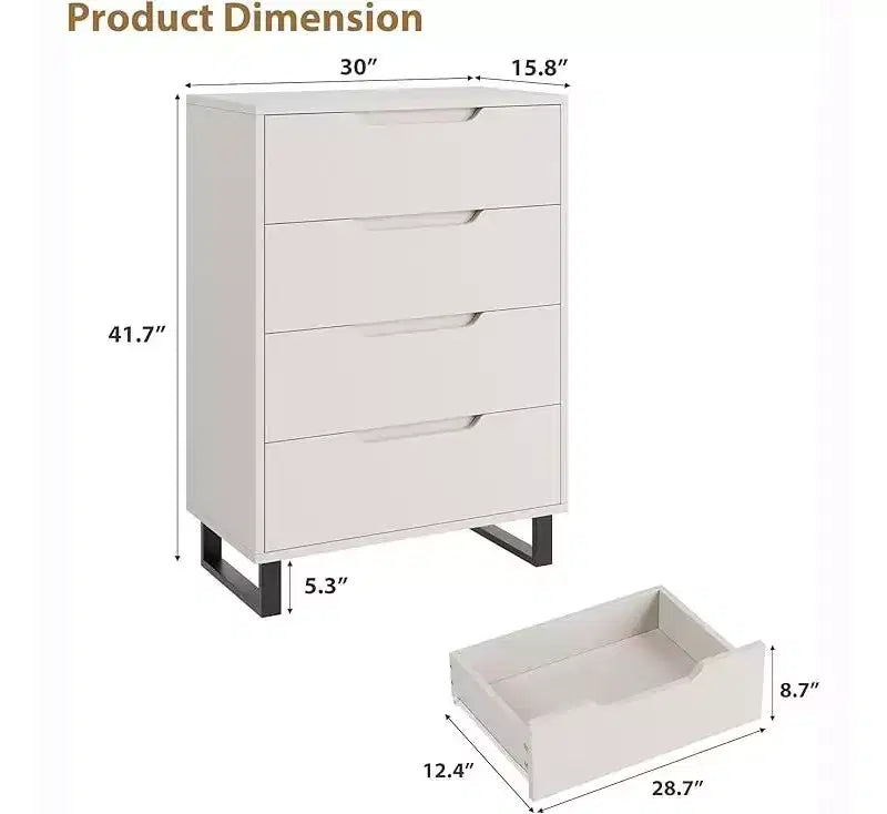 4 Drawer Tall Dresser Vertical Wooden Storage Cabinet with Freestanding Design for Bedroom, Living Room, Hallway, and Entryway