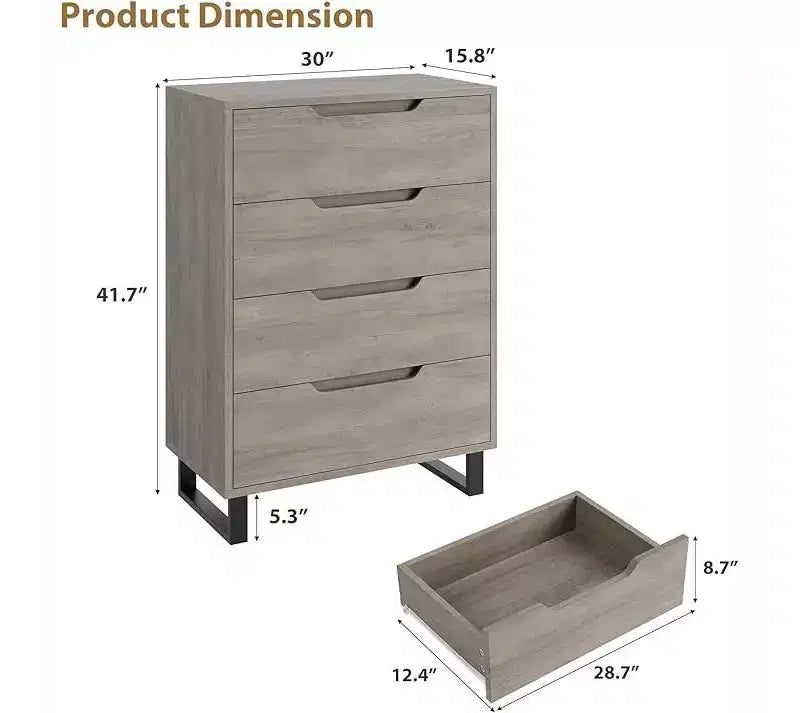 4 Drawer Tall Dresser Vertical Wooden Storage Cabinet with Freestanding Design for Bedroom, Living Room, Hallway, and Entryway