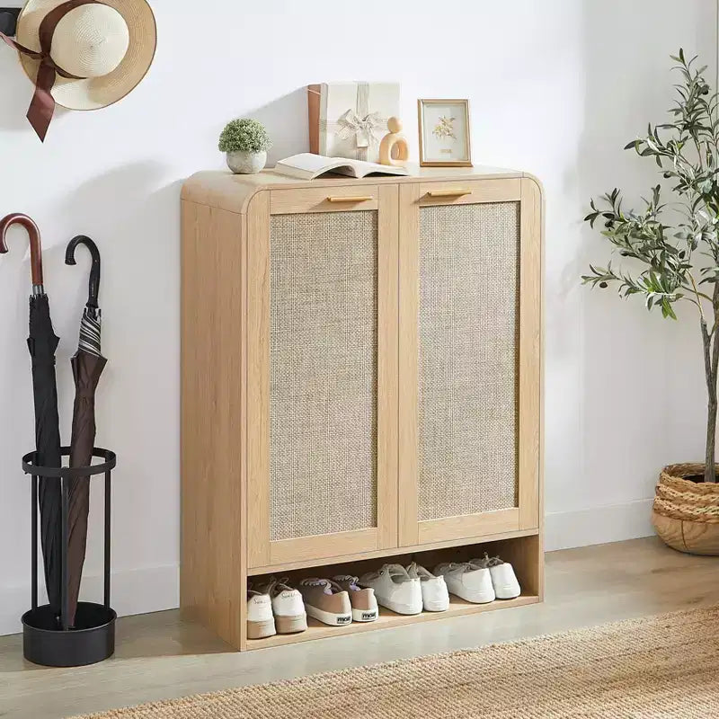 GDFStudio Jorik Farmhouse 31.5 6-Tier Wooden Shoe Cabinet with Rattan Doors