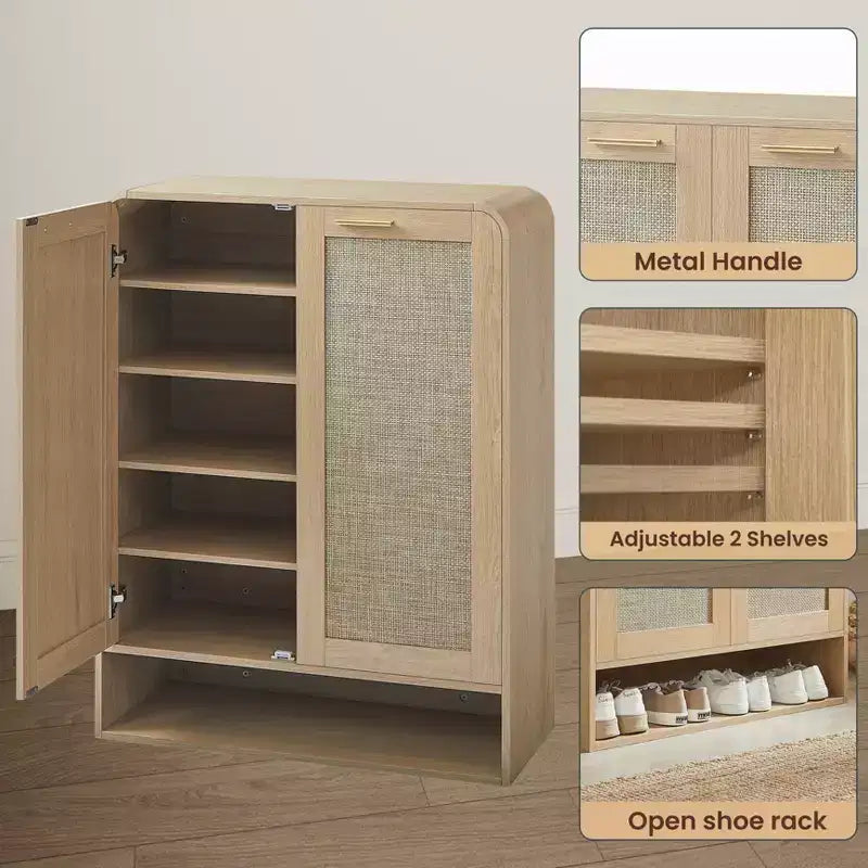 GDFStudio Jorik Farmhouse 31.5 6-Tier Wooden Shoe Cabinet with Rattan Doors