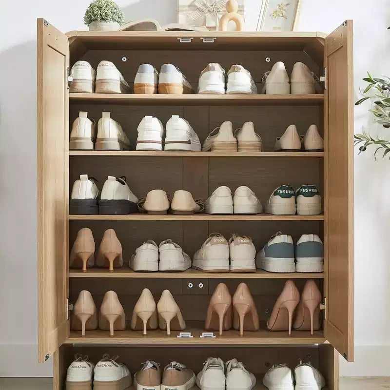 GDFStudio Jorik Farmhouse 31.5 6-Tier Wooden Shoe Cabinet with Rattan Doors