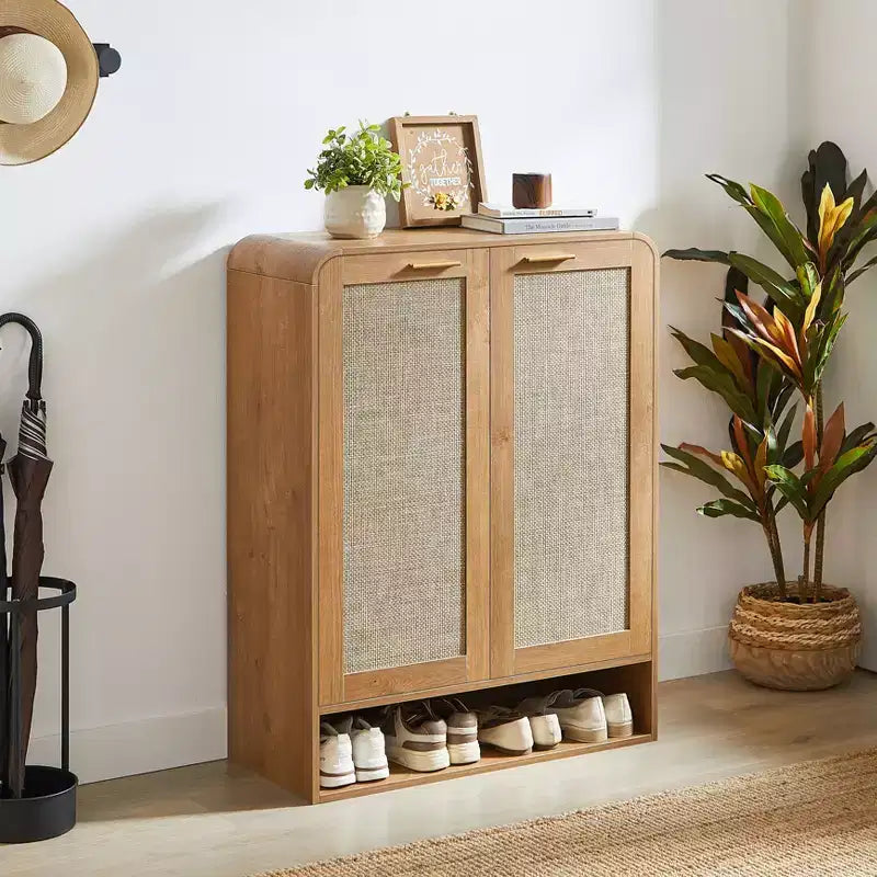GDFStudio Jorik Farmhouse 31.5 6-Tier Wooden Shoe Cabinet with Rattan Doors