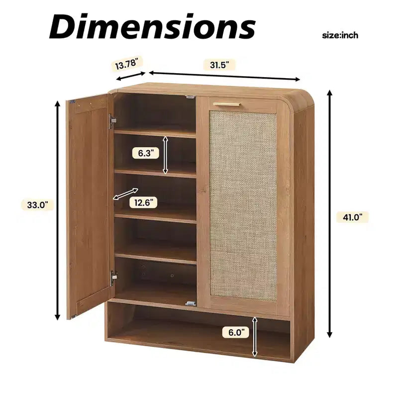 GDFStudio Jorik Farmhouse 31.5 6-Tier Wooden Shoe Cabinet with Rattan Doors