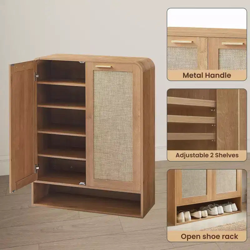GDFStudio Jorik Farmhouse 31.5 6-Tier Wooden Shoe Cabinet with Rattan Doors