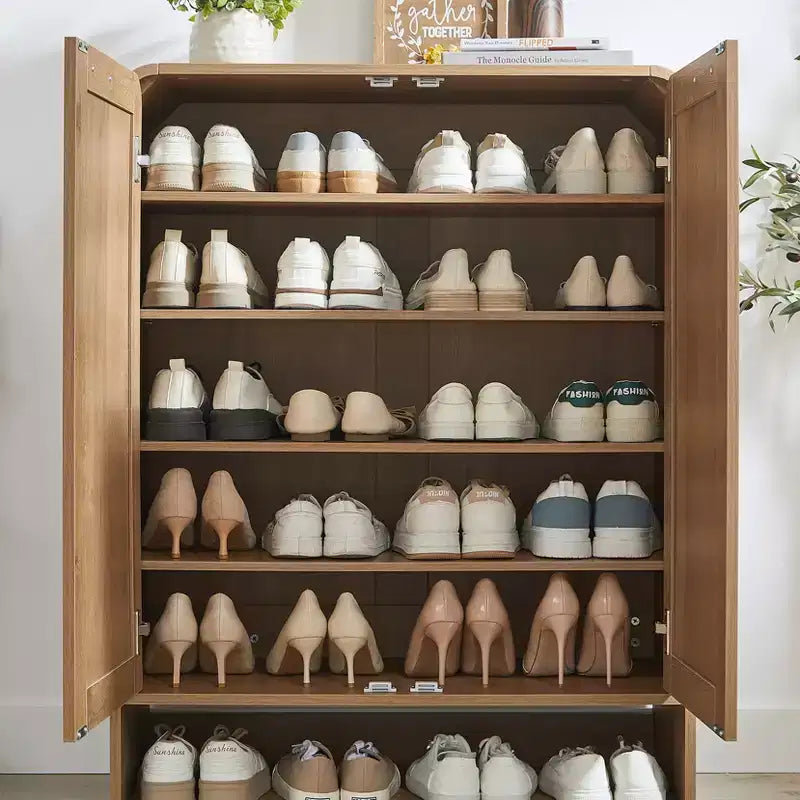 GDFStudio Jorik Farmhouse 31.5 6-Tier Wooden Shoe Cabinet with Rattan Doors
