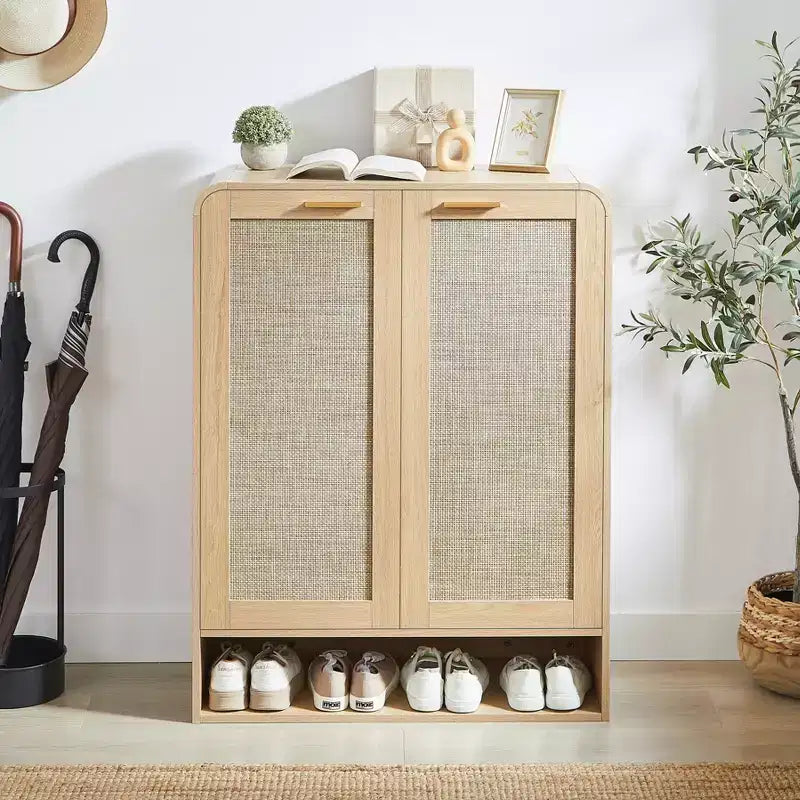 GDFStudio Jorik Farmhouse 31.5 6-Tier Wooden Shoe Cabinet with Rattan Doors