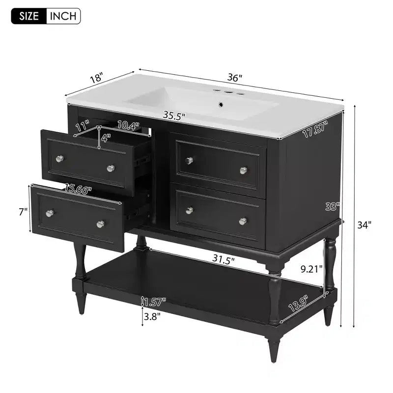 36 Bathroom Vanity with Sink, Bathroom Storage Cabinet with Drawers, Wood Single Sink Bathroom Vanity