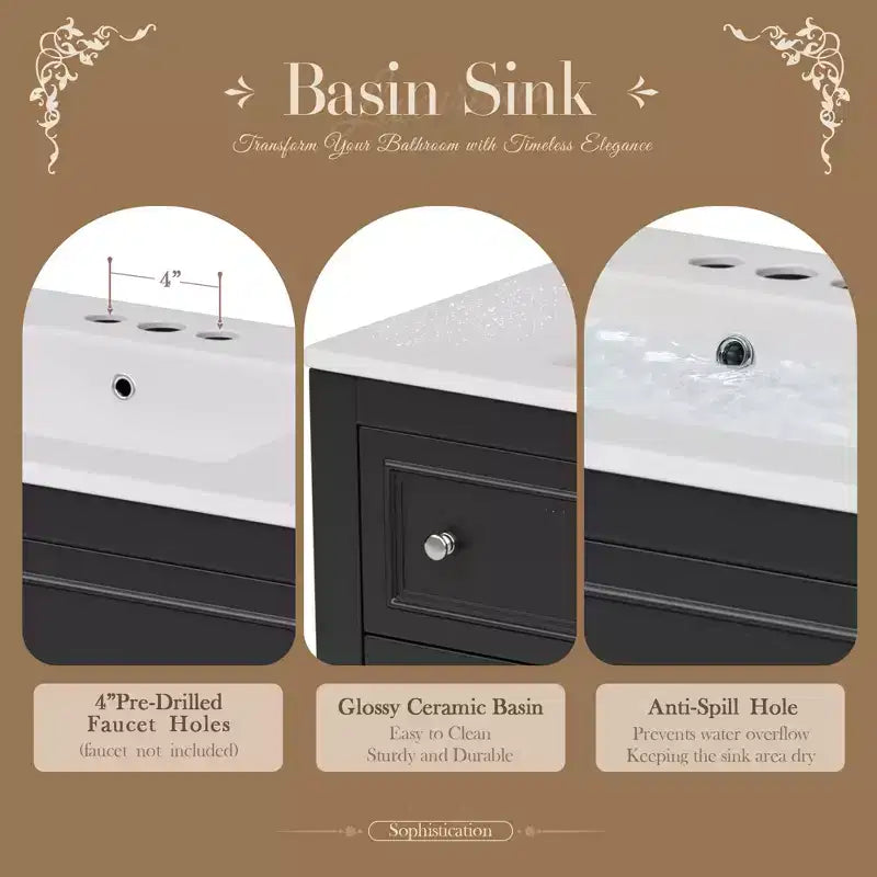 36 Bathroom Vanity with Sink, Bathroom Storage Cabinet with Drawers, Wood Single Sink Bathroom Vanity