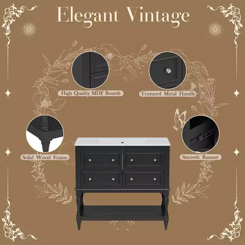 36 Bathroom Vanity with Sink, Bathroom Storage Cabinet with Drawers, Wood Single Sink Bathroom Vanity