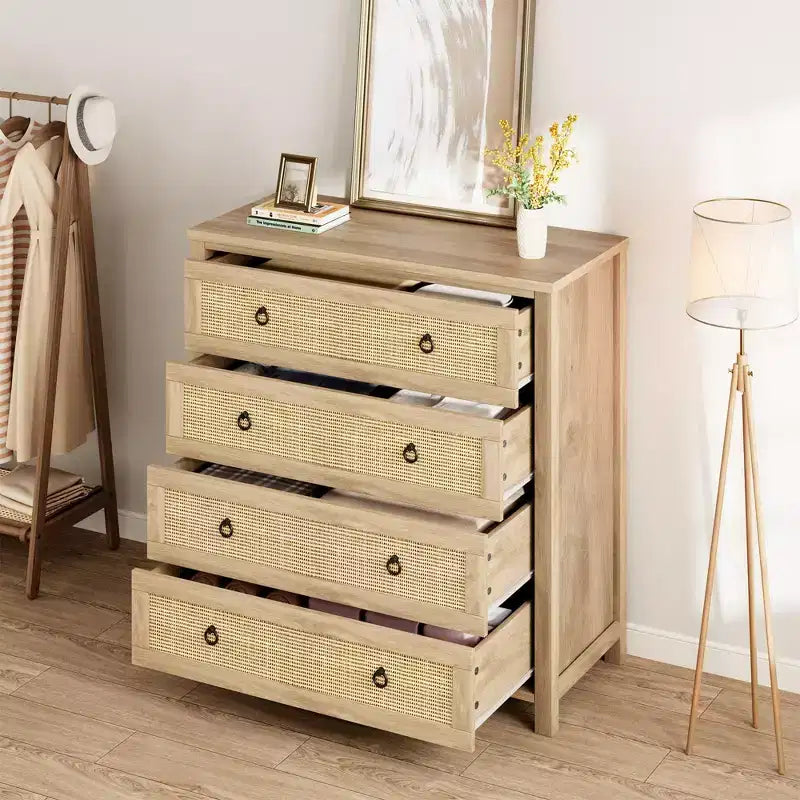 COZONY Rattan Dresser for Bedroom, 4/5-Drawer Tall Chest with Natural Woven Fronts, Freestanding Clothes Storage Cabinet for Living Room, Hallway