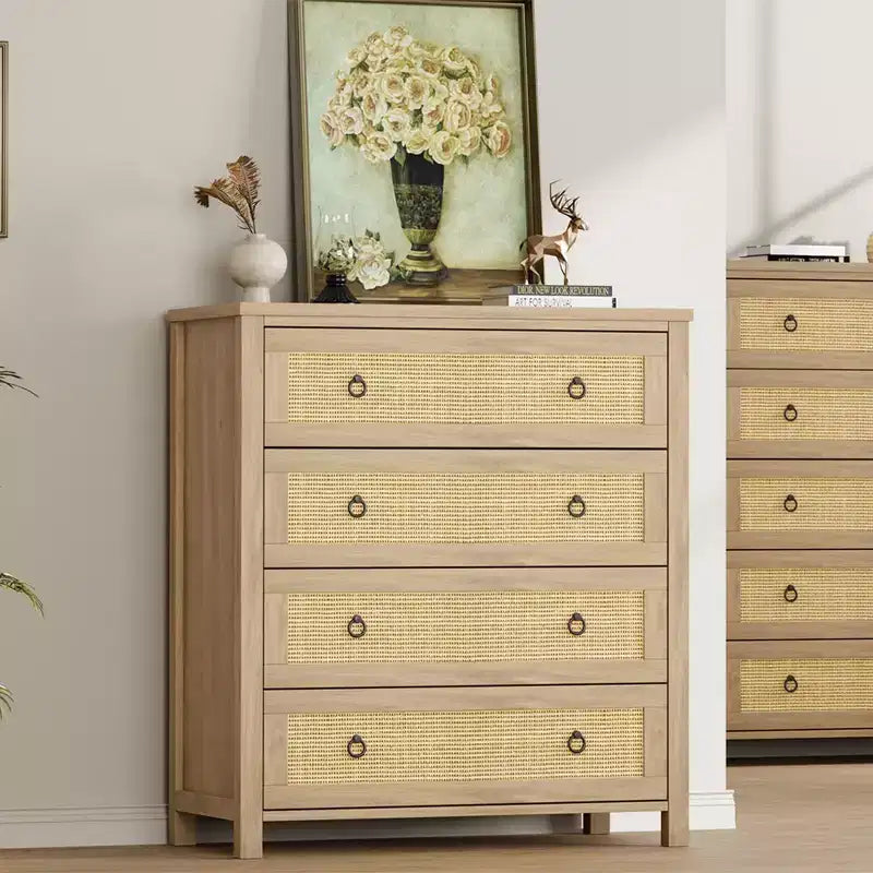 COZONY Rattan Dresser for Bedroom, 4/5-Drawer Tall Chest with Natural Woven Fronts, Freestanding Clothes Storage Cabinet for Living Room, Hallway