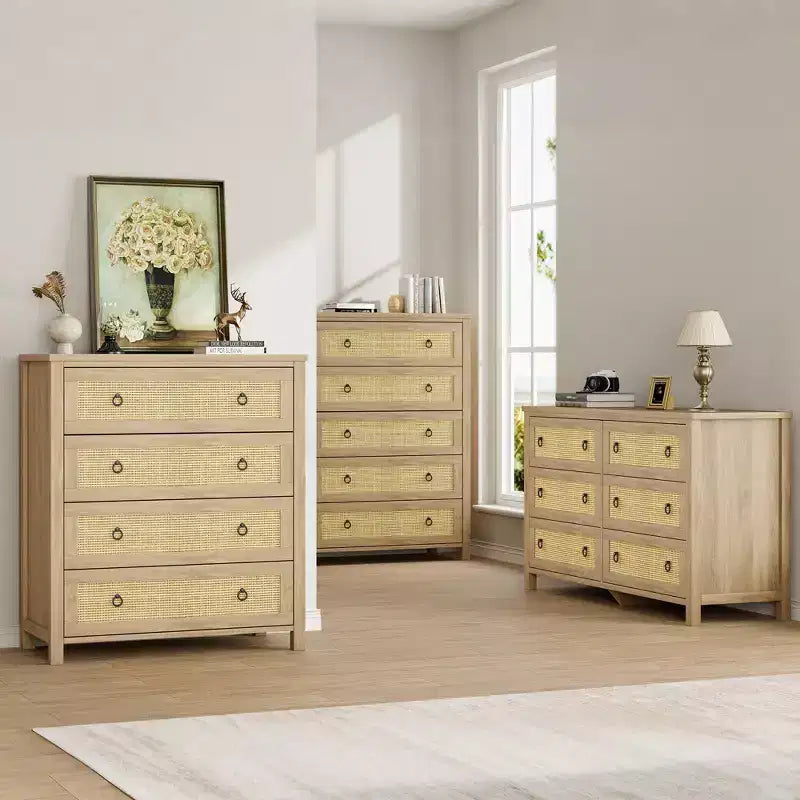 COZONY Rattan Dresser for Bedroom, 4/5-Drawer Tall Chest with Natural Woven Fronts, Freestanding Clothes Storage Cabinet for Living Room, Hallway