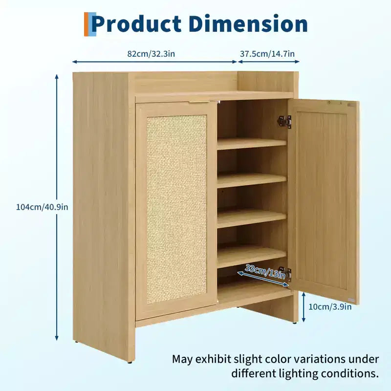 Rattan Shoe Storage Cabinet, Farmhouse Wood Shoe Rack Organizer with Adjustable Shelves for Entryway Hallway Kitchen Living Room Bedroom, Light Oak