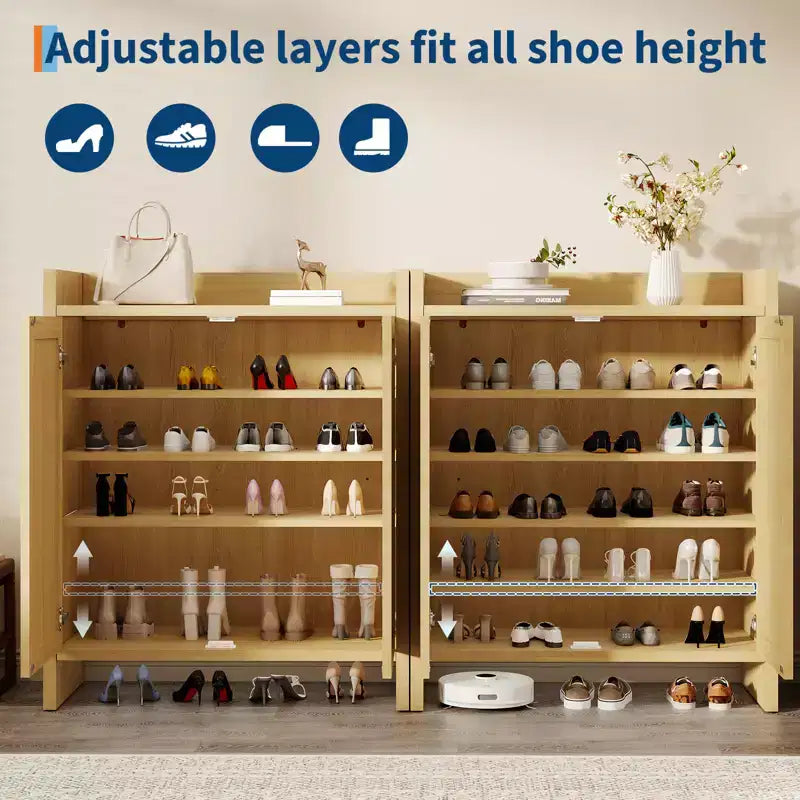 Rattan Shoe Storage Cabinet, Farmhouse Wood Shoe Rack Organizer with Adjustable Shelves for Entryway Hallway Kitchen Living Room Bedroom, Light Oak