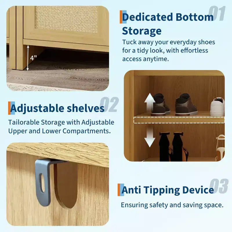 Rattan Shoe Storage Cabinet, Farmhouse Wood Shoe Rack Organizer with Adjustable Shelves for Entryway Hallway Kitchen Living Room Bedroom, Light Oak
