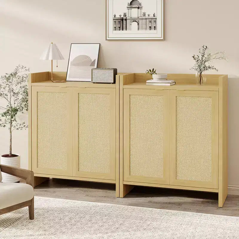 Rattan Shoe Storage Cabinet, Farmhouse Wood Shoe Rack Organizer with Adjustable Shelves for Entryway Hallway Kitchen Living Room Bedroom, Light Oak