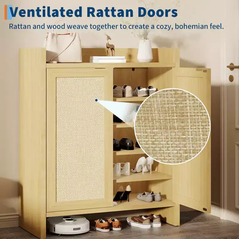 Rattan Shoe Storage Cabinet, Farmhouse Wood Shoe Rack Organizer with Adjustable Shelves for Entryway Hallway Kitchen Living Room Bedroom, Light Oak