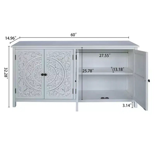 60in Sideboard Pantry Cabinet, Rustic Wood Accent Storage Cabinet with 4 Doors, Versatile Buffet Cabinet for Home Decor and Organization White