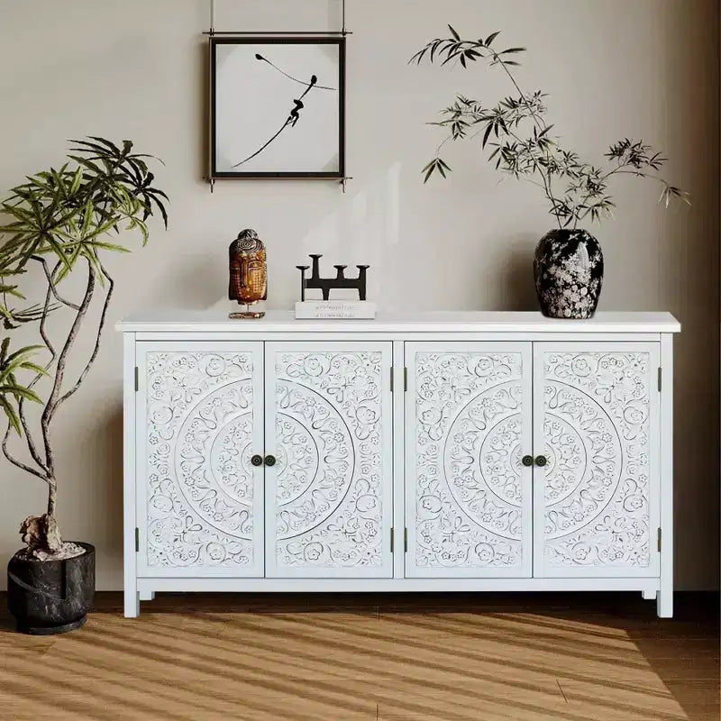 60in Sideboard Pantry Cabinet, Rustic Wood Accent Storage Cabinet with 4 Doors, Versatile Buffet Cabinet for Home Decor and Organization White