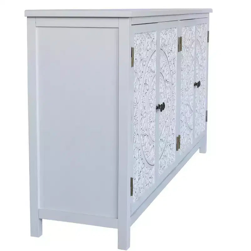 60in Sideboard Pantry Cabinet, Rustic Wood Accent Storage Cabinet with 4 Doors, Versatile Buffet Cabinet for Home Decor and Organization White