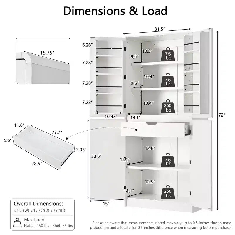 GDFStudio 72 Tall Modern Minimalist Kitchen Pantry Cabinet with 4 Doors, 8 Door Shelves and 3 Adjustable Shelves