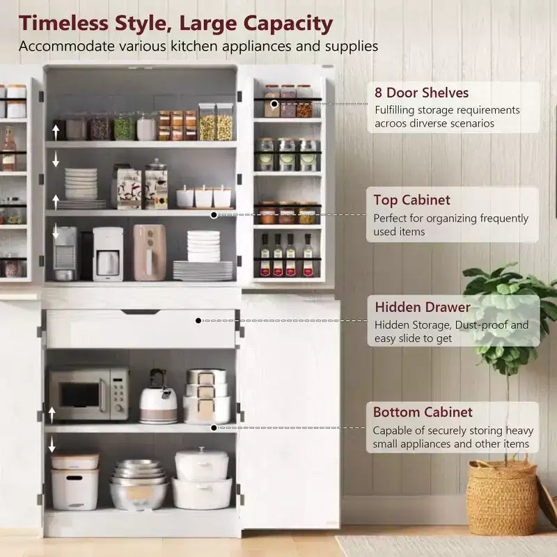 GDFStudio 72 Tall Modern Minimalist Kitchen Pantry Cabinet with 4 Doors, 8 Door Shelves and 3 Adjustable Shelves