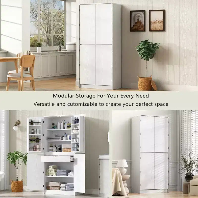 GDFStudio 72 Tall Modern Minimalist Kitchen Pantry Cabinet with 4 Doors, 8 Door Shelves and 3 Adjustable Shelves