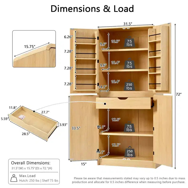 GDFStudio 72 Tall Modern Minimalist Kitchen Pantry Cabinet with 4 Doors, 8 Door Shelves and 3 Adjustable Shelves