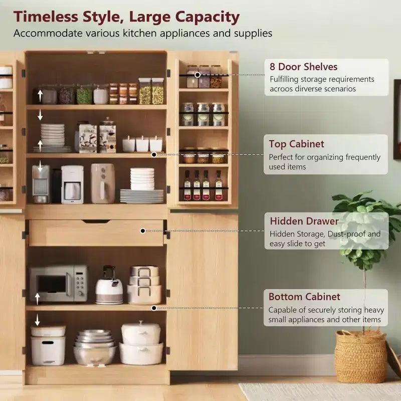 GDFStudio 72 Tall Modern Minimalist Kitchen Pantry Cabinet with 4 Doors, 8 Door Shelves and 3 Adjustable Shelves