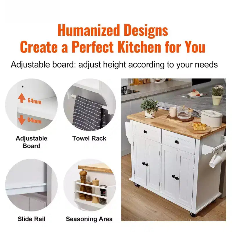 Rolling Kitchen Island Cart with Solid Wood Top Storage Cabinet Drawer Spice Rack and Towel Bar